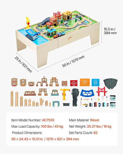 VEVOR Train Table, 62 Multicolor Pieces Wooden Kids Activity Table with Large Storage Drawer, 3-in-1 Wooden Train Set for Playing, Drawing, Reading, Eating, Creative Toy Set for Kids Ages 3+