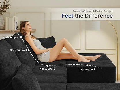 Cloud Modular Sectional Sofa, Comfy Boneless Couch for Living Room, Modern L-Shaped Couch with Reversible Chaise, Customizable Sleeper Sofa with Non Slip, No Assembly & Deep Seat, Black