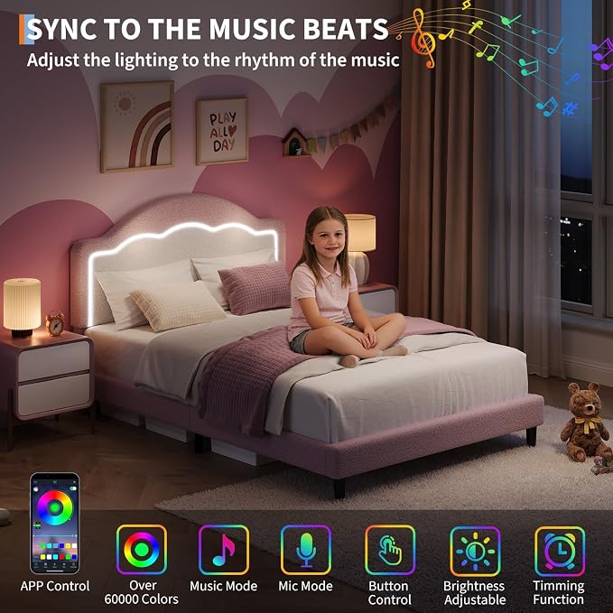 IDEALHOUSE Full Bed Frame with LED Headboard, Boucle Fabric Upholstered Platform Bed with LED Light for Kids, Girls, Wooden Slats Support, No Box Spring Needed, Pink