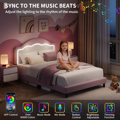 IDEALHOUSE Full Bed Frame with LED Headboard, Boucle Fabric Upholstered Platform Bed with LED Light for Kids, Girls, Wooden Slats Support, No Box Spring Needed, Pink