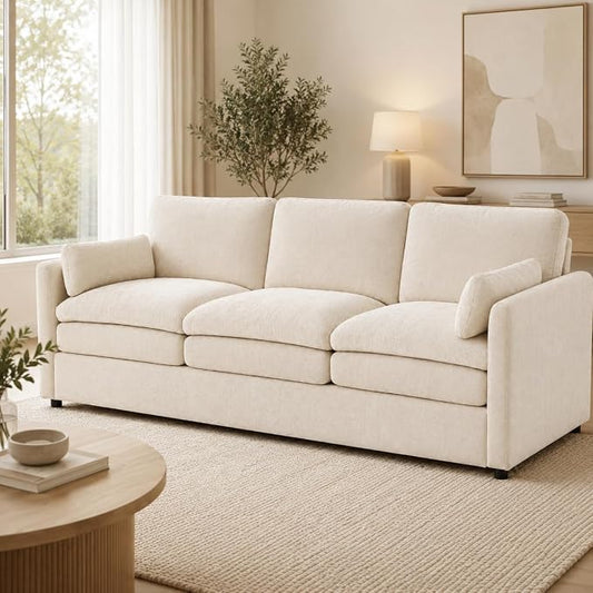 Esright Apartment Cloud Couch, 89-Inch 3-Seat Chenille Sofa, Cream White | Skin-Friendly Fabric, Deep 22" Seat, 2×6.3" Plush Back Pillows, Wood Frame, 800-Lb Support for Studios and Living Rooms