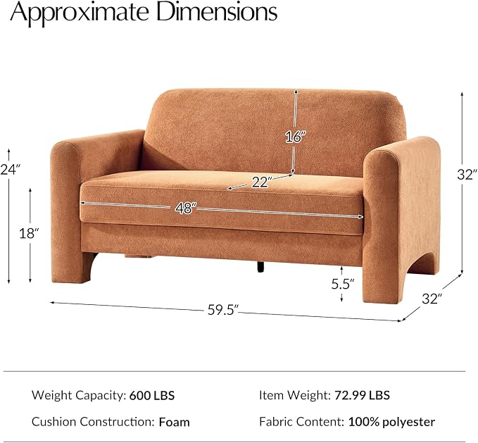 HULALA HOME 60" Modern Curved Loveseat Sofa, Comfy Chenille Couch Small Love Seat with Wrapped Armrests, 2 Seater Sofa for Living Room, Easy Assembly, Orange