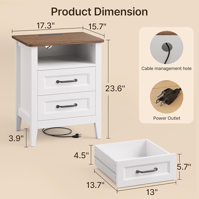 Gizoon 3 Piece Bedroom Furniture Set, 7 Modern Farmhouse DrawerDresser and 2 Nightstands with Charging Station