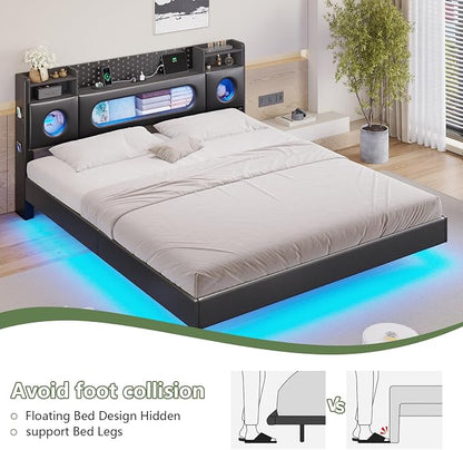 Dnxao California King Bed Frames with Hidden Storage Headboard, PU Black | Floating Bed Frame with LED Lights & Charging Station, No Noise, No Box Spring Needed, Hidden Storage, Easy Assembly