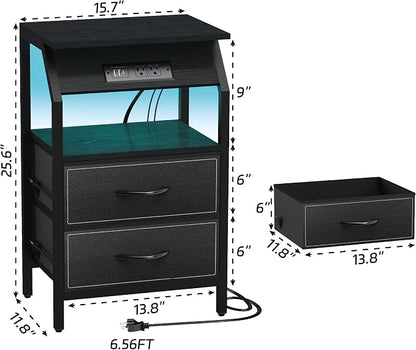 SZLHANJZ End Table with Light, LED Nightstand with 2 Drawers and Type C Charging Station, Small Fabric Night Stand for Bedside, Storage Side Table for Living Room, Dorm, Black