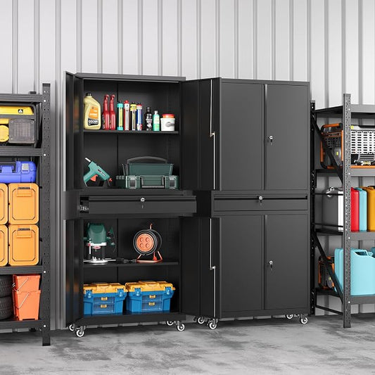 Metal Garage Storage Cabinet with 4 Wheels,Lockable Storage Cabinet with Adjustable Shelves and 1 Drawer,Rolling Tool Cabinet for Workshop Garage and School(Black)