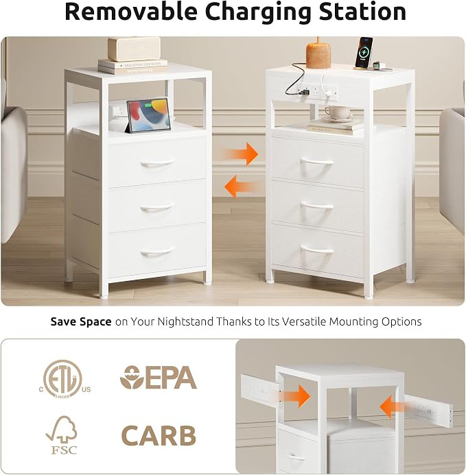 Lazzanto NightStand Bedside Charging Table Bedroom - White Night Stand with Charger Station, USB-C USB Ports & AC Outlets for Dorm, Modern End Table with Open Shelf & 3 Fabric Drawers