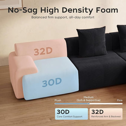118" Sectional Boneless Oversize Modular Couches, Curved Cloud Sectional Sofa for Living Room, Corduroy U Shape Deep Seat Sofa with 2 Ottomans & 3 Throw Pillows, No Assembly Required,Black