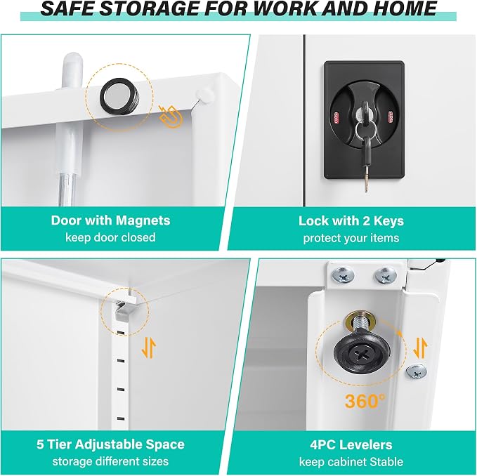 SISESOL White Metal Storage Cabinet with Adjustable Shelves,71" Tall Metal Cabinet with Locking Doors,Steel Cabinet with Lock,Lockable Storage Cabinets for Home,Office,Kitchen,Laundry,Pantry
