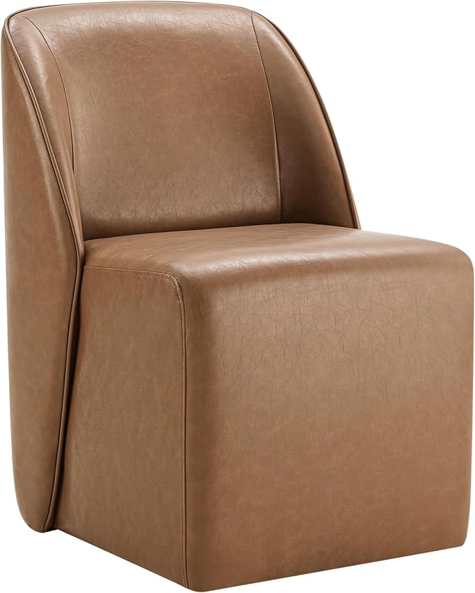 Watson & Whitely Leather Rolling Dining Chairs with Casters Set of 2, Brown | Upholstered Seat, Removable Rollers, Modern Style, Armless Chairs for Dining Room, Living Room, Bedroom