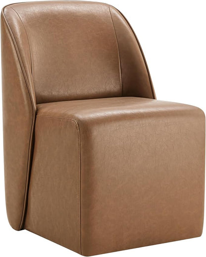 Watson & Whitely Leather Rolling Dining Chairs with Casters Set of 2, Brown | Upholstered Seat, Removable Rollers, Modern Style, Armless Chairs for Dining Room, Living Room, Bedroom
