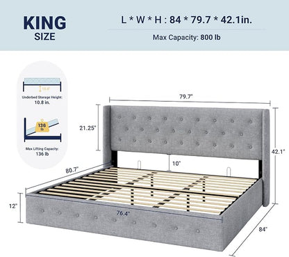 Allewie King Size Lift Up Storage Bed, Button Tufted Headboard with Wingback, Hydraulic Support, No Box Spring Needed, Light Grey