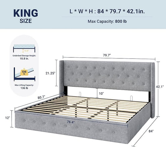 Allewie King Size Lift Up Storage Bed, Button Tufted Headboard with Wingback, Hydraulic Support, No Box Spring Needed, Light Grey