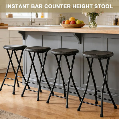24 Inch Folding Stool, Portable Folding Stool with Handle & Non-Slip Feet, Sturdy 440lbs Capacity Folding Bar Stool for Kitchen, Camping, Fishing, Black