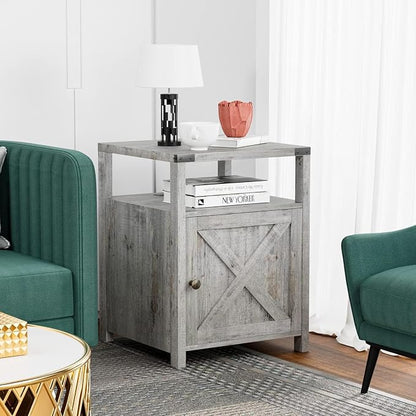 Farmhouse Nightstand Set of 2 with Charging Station, Rustic End Table Bedroom with Storage Living Room Side Table Grayish White Night Stand Industrial Bedside Table