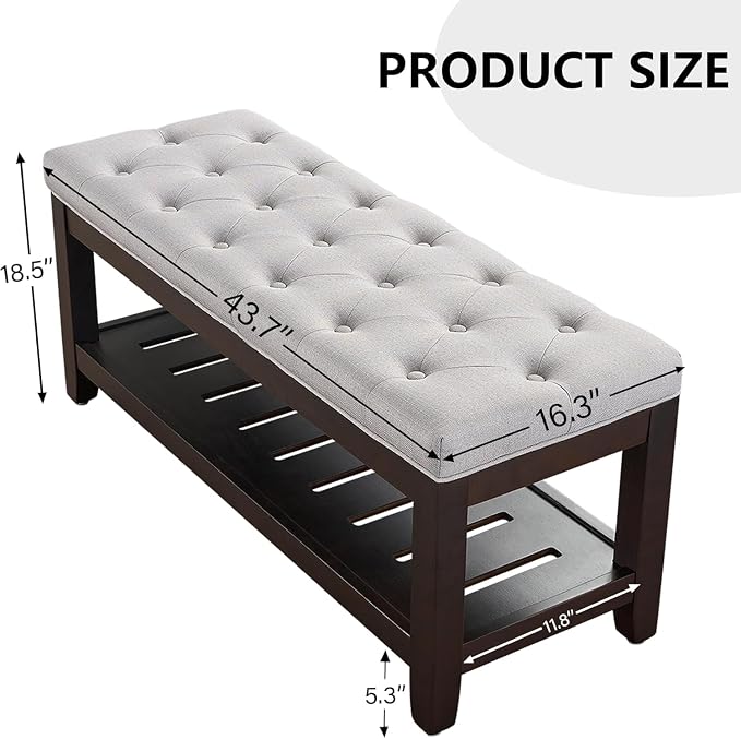 adochr Linen Large Rectangular Ottoman with Storage, Upholstered Entryway Bench for Living Room, Oversized Button Tufted Ottoman with Wood Shelf Storage, Light Grey