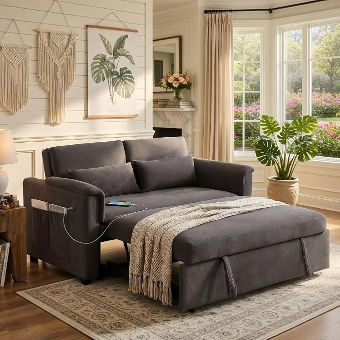 Sofa Bed, Pull Out Couch with Side Pockets, 3 in 1 Velvet Loveseat Sleeper Sofas Beds with USB Ports, Sofa Bed Couch with Adjustable Backrest for Living Room, Bedroom, Apartment, Gray