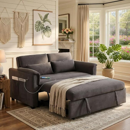 Sofa Bed, Pull Out Couch with Side Pockets, 3 in 1 Velvet Loveseat Sleeper Sofas Beds with USB Ports, Sofa Bed Couch with Adjustable Backrest for Living Room, Bedroom, Apartment, Gray
