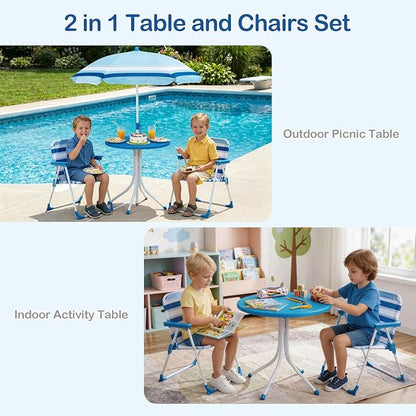 Olakids Kids Picnic Table, Outdoor Toddler Patio Furniture Set with 2 Folding Chairs Adjustable Foldable Umbrella for Garden Backyard Beach (Blue)