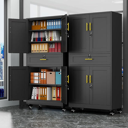 Lockable Metal Storage Cabinet, 71" Tall Black Cabinet with Wheels | Garage Storage Cabinet with Drawers, 3 Adjustable Shelves and Lock, Steel Construction – Suitable for Office, Home, School