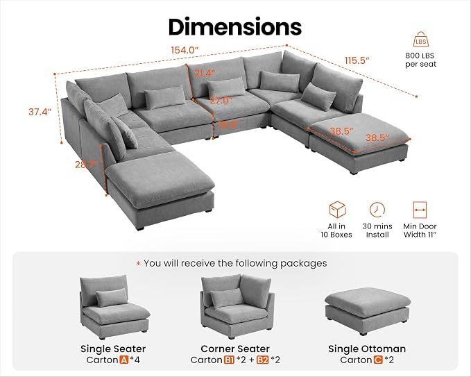154" Oversized Chenille Couch Modular Sectional Sofa, Washable Cloud Couch Sectional with 4 Ottoman, 8 Seater Sectional Couches for Living Room, Fully Cover Removable, Sleeper Sofa, Chenille, Grey