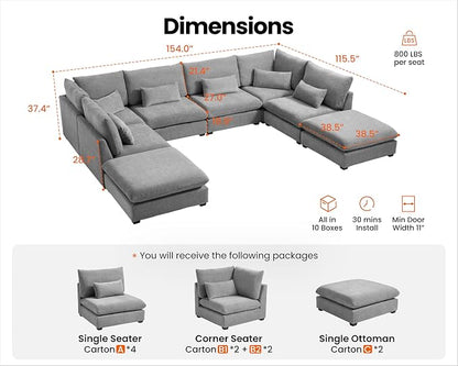 154" Oversized Chenille Couch Modular Sectional Sofa, Washable Cloud Couch Sectional with 4 Ottoman, 8 Seater Sectional Couches for Living Room, Fully Cover Removable, Sleeper Sofa, Chenille, Grey