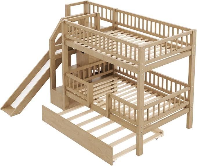 Twin Over Twin Bunk Bed with Storage Staircase, Slide and Trundle,for Kids Teens Adults Bedroom Use (Walnut-ST, Twin Over Twin)