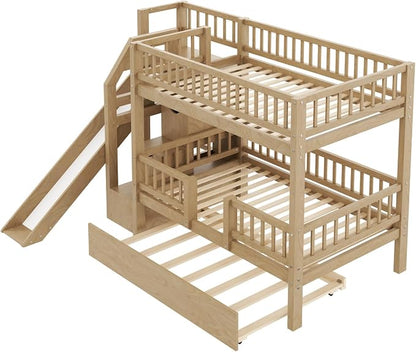 RUNNA Twin Over Twin Bunk Bed with Slide,Trundle,Storage Stairs,Walnut | Twin over twin bunk bed with slide,trundle,storage stairs,solid pine wood frame, guardrails,no box spring needed,walnut