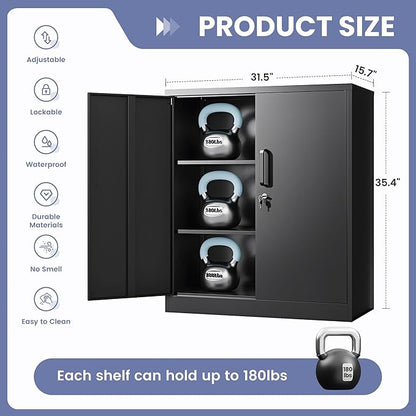 36" H Metal Storage Cabinet, Black Metal Cabinet with 2 Lockable Doors and 2 Adjustable Shelves, Garage Storage Cabinet for Home Office, Garage, School, Apartment, Warehouse