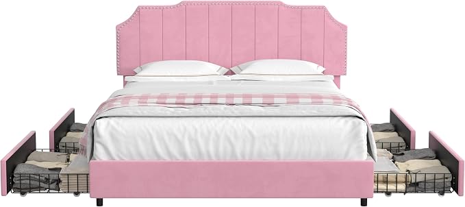 VECELO Queen Upholstered Platform Bed Frame with 4 Storage Drawers,Velvet Vintage Queen Bed with Nailhead Trim,Tufted Height Adjustable Headboard,Wooden Slats/No Box Spring Needed/Easy Assembly