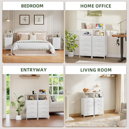 Somdot White Nightstand with Charging Station and LED Light for Bedroom, Tall 4 Drawers Dresser with Fabric Bins for Bedside Kids Dorm Room Closet Laundry Entryway, White Leather