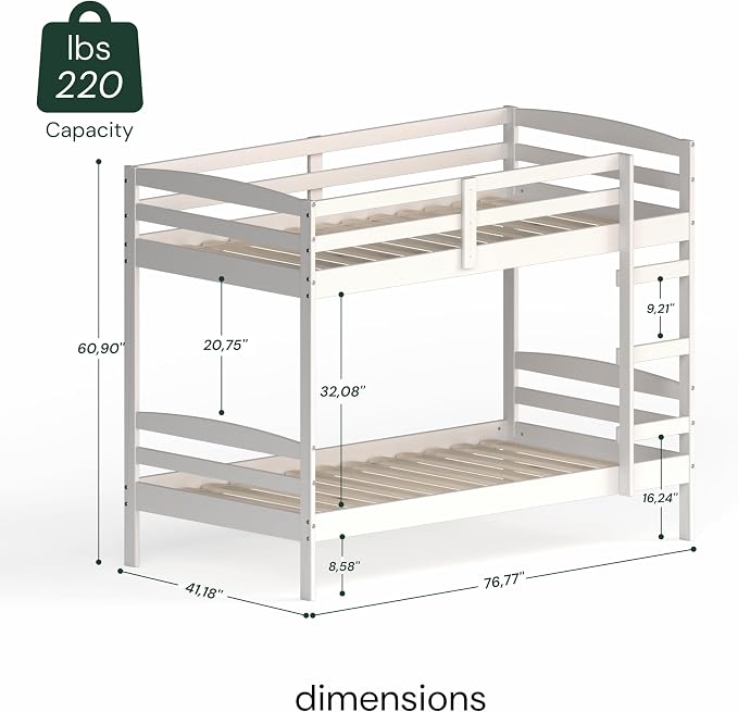 From the Tree Furniture Twin Over Twin Bunk Bed for Kids — Solid Pine Wood with Full-Length Safety Rails & Hang-On Ladder — 220 lbs Per Bunk · ASTM F1427 + 16 CFR 1213 Certified — Space-Saving Design