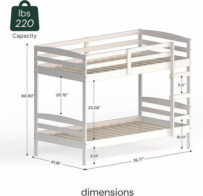From the Tree Furniture Twin Over Twin Bunk Bed for Kids — Solid Pine Wood with Full-Length Safety Rails & Hang-On Ladder — 220 lbs Per Bunk · ASTM F1427 + 16 CFR 1213 Certified — Space-Saving Design