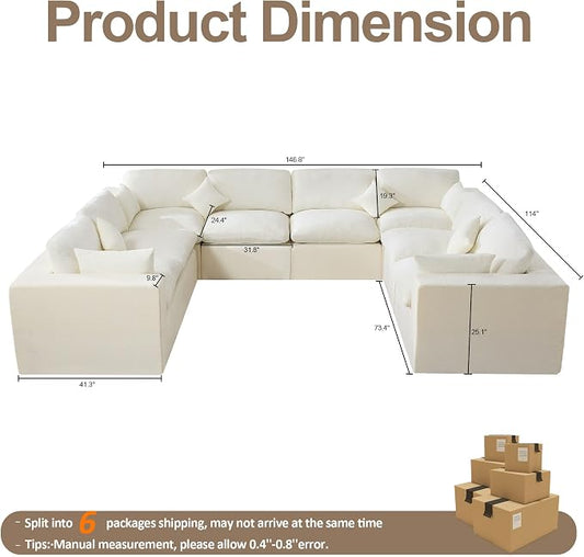 146''Cloud Boneless Sectional Couch, Modular Sectional Sofa Deep Seat, Oversized Upholstered Convertible Comfy 8 Seater Chenille Memory Foam Sofa U Shape Couches for Living Room, Beige