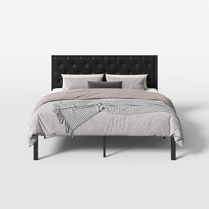 SHA CERLIN King Size Metal Bed Frame with PU Tufted Headboard, Black | Modern Design Heavy-Duty Platform Bed, No Box Spring Need, PU Leather Upholstery, Noise Free, Easy Assembly