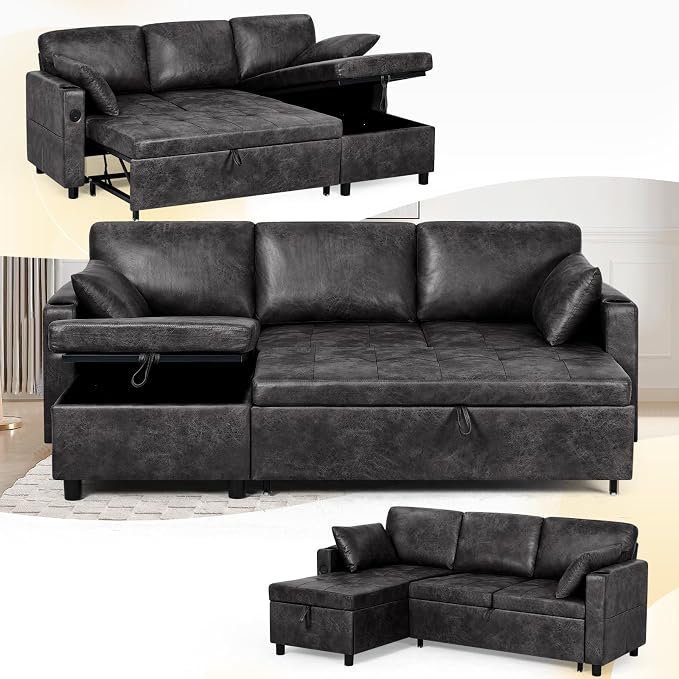 84" Suede Leather Pull Out Sofa Bed w/Adjustable Backrest, Sectional Sleeper Couch w/Storage Chaises and Armrest Pillows, U-Shape Sofa Bed w/USB Port for Living Room, House, Black