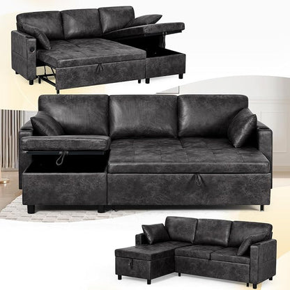 84" Suede Leather Pull Out Sofa Bed w/Adjustable Backrest, Sectional Sleeper Couch w/Storage Chaises and Armrest Pillows, U-Shape Sofa Bed w/USB Port for Living Room, House, Black