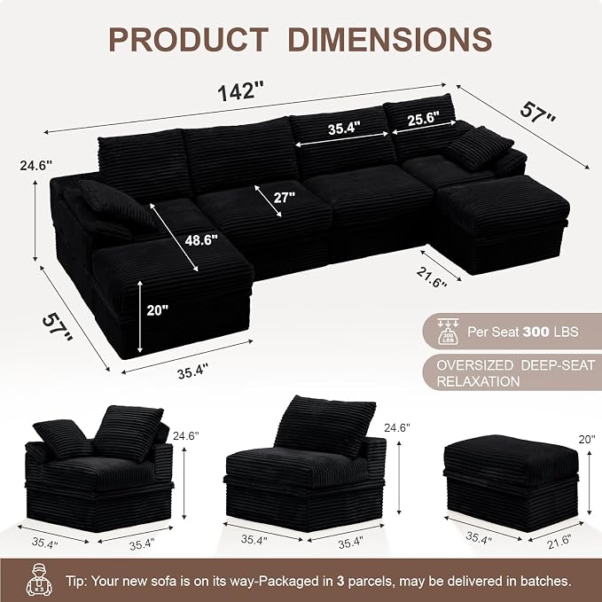 142" Modular U-Shaped Sectional Sofa with Storage, 4-Seat Corduroy Boneless Couch, 27" Deep Seat Cloud Couch & 2 Movable Ottoman, Tool-Free Assembly, Couch for Living Room, Black