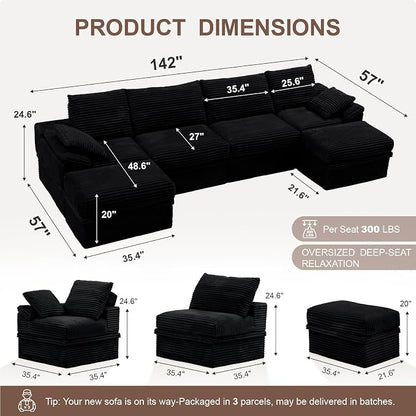 142" Modular U-Shaped Sectional Sofa with Storage, 4-Seat Corduroy Boneless Couch, 27" Deep Seat Cloud Couch & 2 Movable Ottoman, Tool-Free Assembly, Couch for Living Room, Black