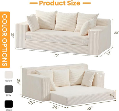 Boneless Couch 70 inch, 3 Seater Couch with Pull Out Bed, Boneless Loveseat Oversize Beige Futon Couch Floor Bed with 5 Pillows for Living Room Bedroom Lounge Small Space