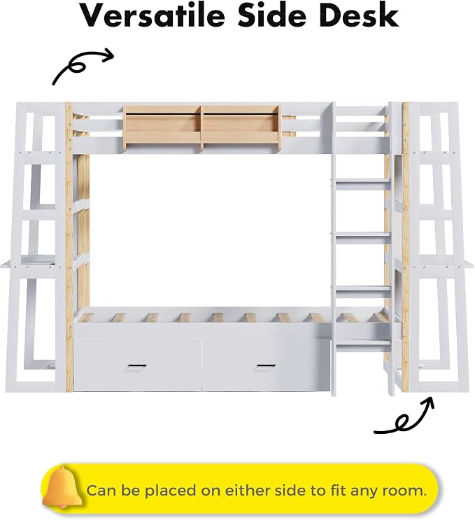 Wooden Full Over Full Bunk Bed with Desk, Convertible Solid Wood Frame with LED Lights, Built-in Outlets, Ladders and Rolling Drawers, Sturdy Wood Bunk Bed High Weight Capacity, Space-Saving