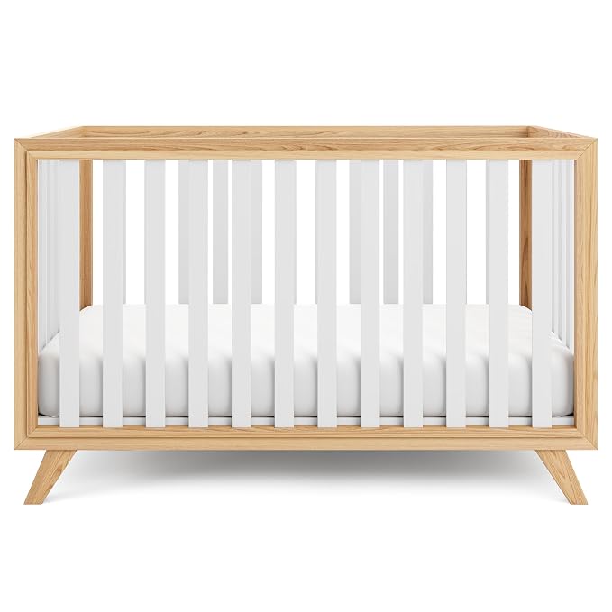 Comfy Cubs Baby Crib for 0 to 3 Years - Adjustable Mattress Height, Natural Wooden Crib for Baby, Elegant Nursery Furniture - 80 lbs Capacity Nursery Bed - White Bars with Natural Wood Frame and Legs