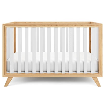 Comfy Cubs Baby Crib for 0 to 3 Years - Adjustable Mattress Height, Natural Wooden Crib for Baby, Elegant Nursery Furniture - 80 lbs Capacity Nursery Bed - White Bars with Natural Wood Frame and Legs