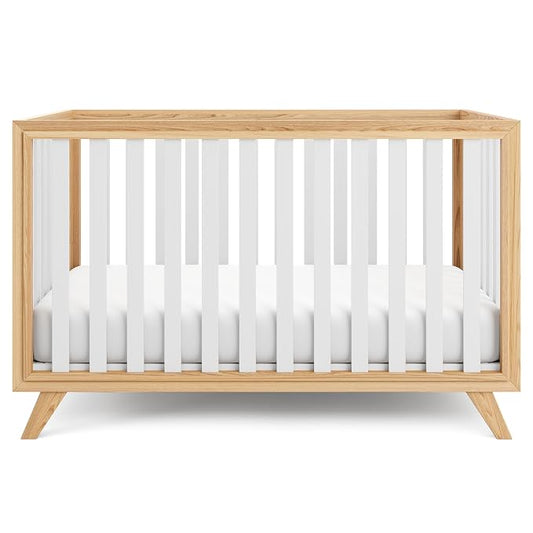 Comfy Cubs Baby Crib for 0 to 3 Years - Adjustable Mattress Height, Natural Wooden Crib for Baby, Elegant Nursery Furniture - 80 lbs Capacity Nursery Bed - White Bars with Natural Wood Frame and Legs