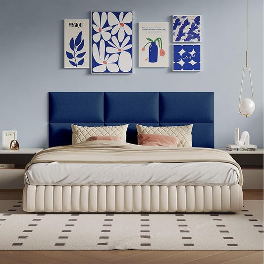 Plush Blue Cushioned Linen Headboard 24x12 Inch 9-Panel Set - Wall-Mounted Protection for Queen Beds, High-Density Foam Core