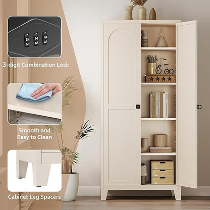 Zevemomo 71" Tall Metal Locking Cabinet with 4 Adjustable Shelves & 2 Doors, Steel Lockable Cabinet with 3-Digit Combination Lock, Secure Metal Pantry Cabinet for Home, Office, Garage, Beige
