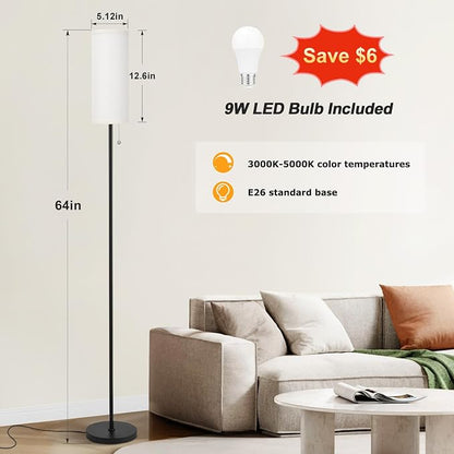 Ambimall 64'' Floor Lamp for Living Room with Bulb, 3 Color Temperature, Tall Lamps with Beige Lampshade & Pull Chain Switch, Pole Lamps Suitable for Bedrooms Study, Minimalist Floor Lamp