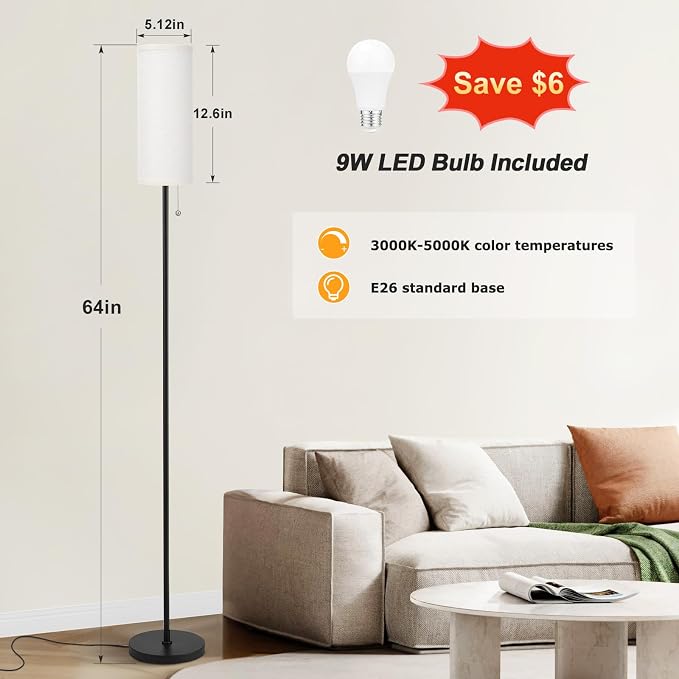 Ambimall Floor Lamp with 3 Color Temperatures Bulb Set of 2, 64" Standing lamp with Linen lampshade for Bedroom, Minimalist Pole Lamp, Beige Shade & Black Pole