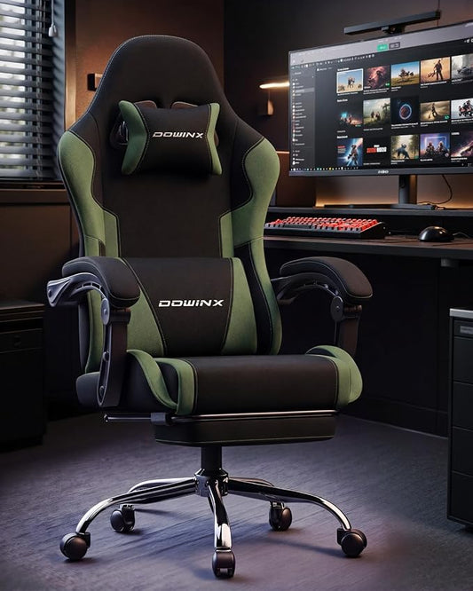 Dowinx Ergonomic Gaming Chair with Footrest & Massage Lumbar, 2D-Linkage Armrests for Computer Chair 330lbs with Headrest Pillow for Office, Home, Streaming and Long Gaming Sessions, Fabric Dark Green