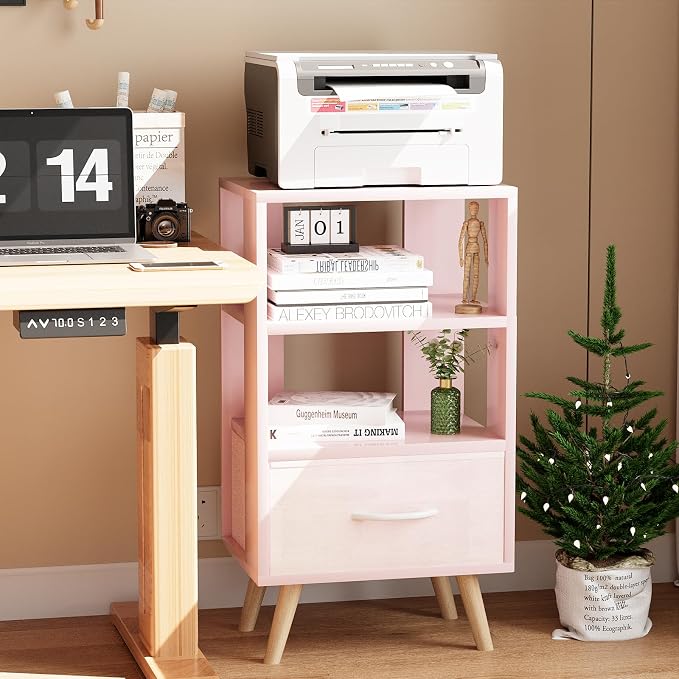 Aenuert Night Stand, Pink Nightstand with Drawer, Side Table with Open Storage, 3-Tier Modern End Table, Bedside Table for Small Space, Living Room, Bedroom